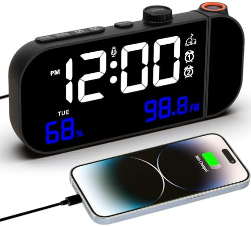 VORRINC Projektionswecker, 15-Zoll-Digitaler Radiowecker mit Große Zahlen/Doppelalarme/Snooze/Temperatur/Luftfeuchtigkeit/Helligkeits und Lautstärkeeinstellung, USB C Ladeanschluss - Schwarz