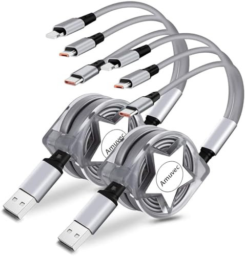 Amuvec Multi Retractable Charger Cable, [3A/1M/2 Pack] 3 in 1 Multiple Lead with 2*iP Micro USB Type C Cable Connector for Phone, Android Samsung Galaxy, Pixel, Huawei, Oppo, Sony, LG, Xiaomi, Moto