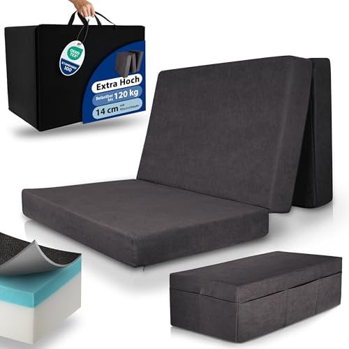 Beautissu Premium XXL Klappmatratze 140x200cm Gästebett faltbar inkl. Husse – extra dick 14cm Visco-Matratze optimaler Härtegrad H3 hoher Schlafkomfort – waschbar Gästematratze klappbar – Anthrazit
