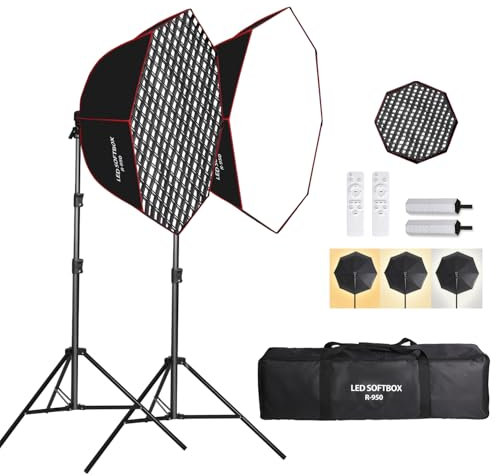 GSKAIWEN Kit d'éclairage octogonal parabolique 110 W - Boîte à lumière de 95 cm avec grille en nid d'abeille, télécommande, support de lumière, enregistrement vidéo, portrait, photographie de produits