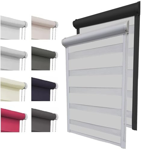Doppelrollo ohne Bohren zum Kleben Duo Rollo für Fenster & Tür mit Kassette Blende | 8 Farben | Fensterrollo Sonnenschutzrollo Seitenzugrollo Zebrarollo Streifenrollo Blickdicht lichtdurchlässig