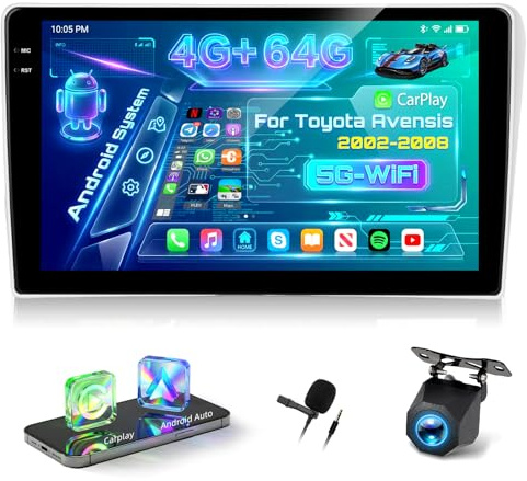 NHOPEEW 4+64G Radio para Coche para Toyota Avensis 2002-2008 con Carplay y Android Auto - Pantalla incell de 9 Pulgadas Compatible con WiFi GPS Control en el Volante + Cámara de Marcha atrás