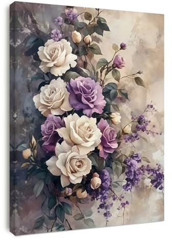 Alptiny Vintage Rose Floral Canvas Wall Art - Elegant Purple and White Flower Artwork for Living Room, Bedroom, and Hallway, Romantic Flower Wall Decor for Home