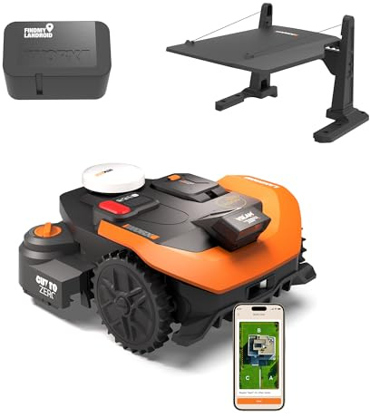 WORX Vision Cloud 2WD WR318E Robot Tondeuse 1800 m² sans Fil périphérique + Garage + Antivol (évitement d'obstacles IA, Navigation VSLAM + RTK Cloud, cartographie Auto, contrôle Via app, Cut-to-Zero)