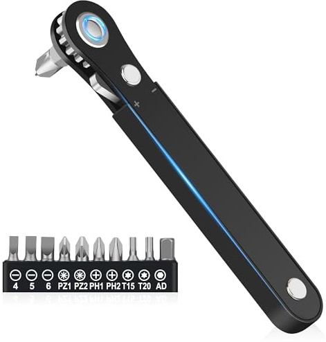 Ratchet Screwdriver Mens Gifts-Right Angle Screwdriver Pocket Screw Bit Set Low Profile Pocket Screwdriver for Tight Space Cool Gadgets Gifts for Men Him Husband Dad (Screwdriver + Bit Set)