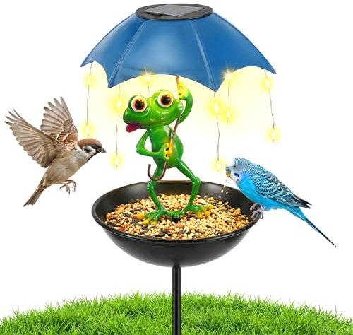 GUIJZSLTRG Solar Bird Feeder Frog Garden Ornaments 86cm Detachable Bird Baths Feeder Bowl with Umbrella Wild Birds Hummingbird Feeders Decorative Path Lights Garden Gifts for Outdoor Patio Yard Lawn