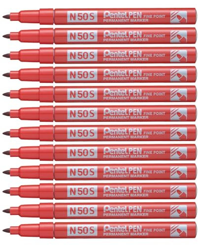 Pentel Pen N50S-B Lot de 12 Marqueurs permanents pointe fine Rouge