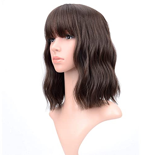 VCKOVCKO Braun Wellenförmige Perücke kurze Bob Perücken mit Pony schulterlange lockige gewellte synthetische Cosplay Perücke Pastell Bob Perücke für Mädchen bunte Kostüm Perücken (12,Braun)