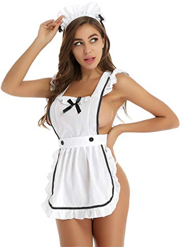 Yeahdor Damen Diestmädchen Kostüm Schürze + G-String + Stirnband Dessous Set Babydolls Negligee Cosplay Party Verkleidung A Weiß Einheitsgröße