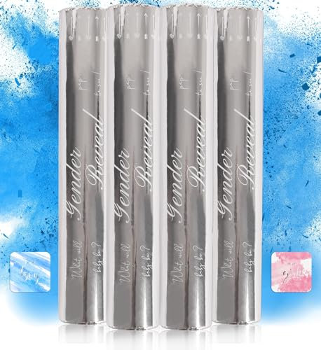 Cañón de polvo de confeti de revelación de género, 4 botones azules para fiestas, suministros de fiesta de revelación de género, cañones de polvo de humo y palitos de confeti, 40 calcomanías de