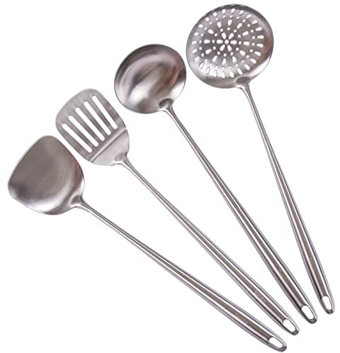 17” Wok Spatula and Ladle, Skimmer Spoon, Slotted Spatula - 304 Stainless Steel Kitchen Utensils Set, 4-Pieces Extra Long Handle Cooking Tools, All Metal Chinese Wok Utensils and Wok Accessories