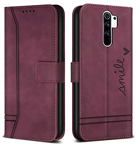 Bravoday Hülle für Xiaomi Redmi Note 8 Pro, PU Ledertasche Handyhülle Flip Schutzhülle Kompatibel mit Xiaomi Redmi Note 8 Pro, mit Kartenfäch & Kickstand, Weinrot
