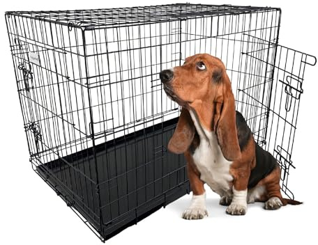 HugglePets Black Metal Dog Puppy Cage Foldable Medium 76cm Dual Door with Locks, Car Home and Travel Crate