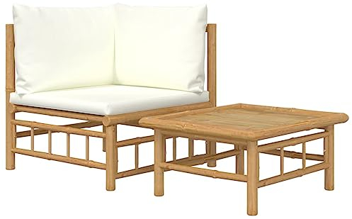 vidaXL Garten Lounge Set 2-TLG., Gartenmöbel Set mit Cremeweißen Kissen, Sitzgruppe für Garten Terrasse, Modular Sofa Garnitur Loungemöbel, Bambus