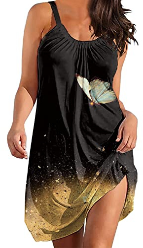 Robe été Femme Grande Taille Robe Boheme Chic Et Glamour Imprime Dress Femmes Grande Taille Sexy Bretelle Robes Courte Loose sans Manches Dresses éTé Noir Blanc Taille Ceinture Femme Large pour Robe