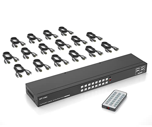 MT-VIKI KVM Switch HDMI 16 Port HDMI Konsole 16 in 1 Out mit IR Fernbedienung 16xKVM Kabel 4 USB-Port 2xRack-Satz 4K30Hz