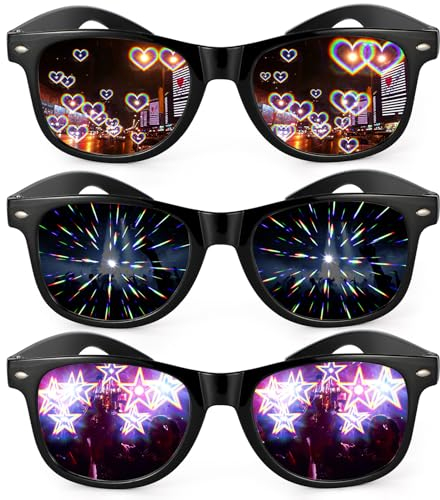 3 Stück Diffractions Party Brille, mit 3D Prisma Herz Stern Effekt, Lustige Brillen Brechungsbrillen Herz Brille Effekt, Rave Brille Herren Damen für Nacht EDM Feuerwerk Show Karneval Party Club