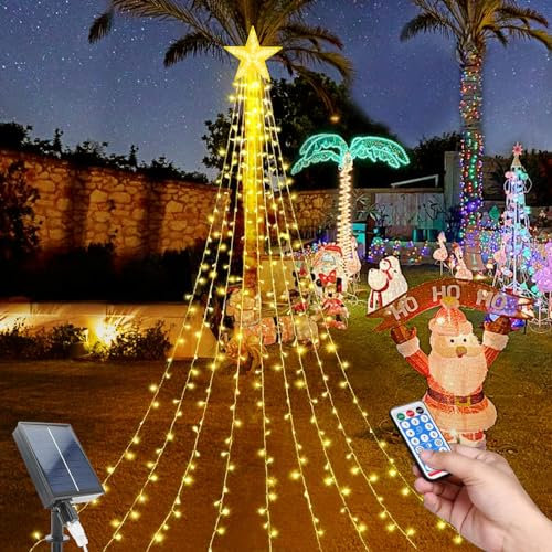 TIANHOO Solar Lichterkette Aussen, Weihnachtsbaum Außenlichter 2M 9 Stränge 198 LED Lichterkette Weihnachtsbaum mit Topper Stern 8 Modi Wasserdichte Lichterkette für Garten Hochzeitsdekoration