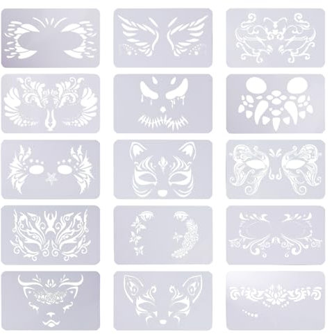 Werownsgso 15 Stücke Gesichtsbemalungs-Schablonen，Wiederverwendbare Schablonen Tiere，DIY Malschablonen für Gesicht, Körper, Urlaub, Party, Kunst, Zeichnen, Halloween, Make-up