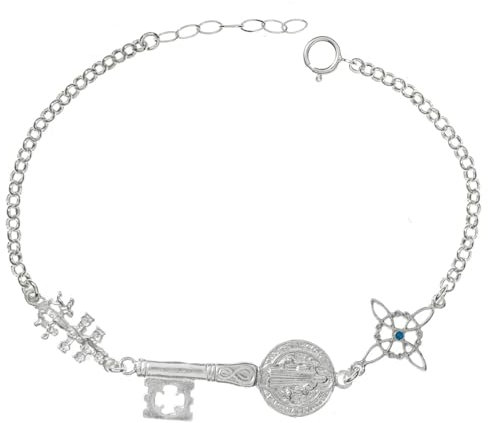 Pulsera triple amuleto de protección con nudo de bruja, llave escapulario de San Benito y cruz de Caravaca de Plata de Ley - Amuleto triple protección de Plata de Ley