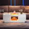 TIZZ Couchtisch 100x50x35,5 cm – mit Glasverkleidung, LED-Beleuchtung, App-Steuerung, 2 Schubladen und 1 offenes Fach (Weiß)