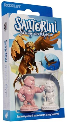 Roxley Games Santorini: Soaring Over Olympus – Card Pack Expansion for Santorini Second Edition – 17 New God Cards, Talus & Worker Minis, Tokens & Mode Cards – Ages 8+ – 2–4 Players