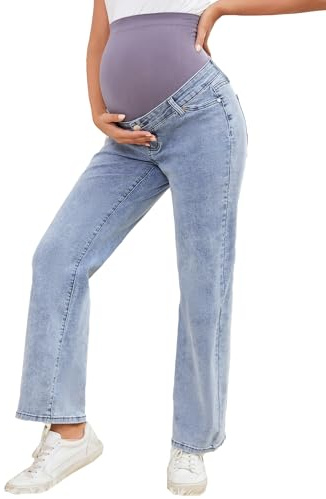 JIMYICLR Umstandsjeans für Damen, gerades Bein über dem Bauch, dehnbar, Schwangerschafts-Denim-Hose, Bequeme Umstandshose mit Taschen, Hell, blau, S