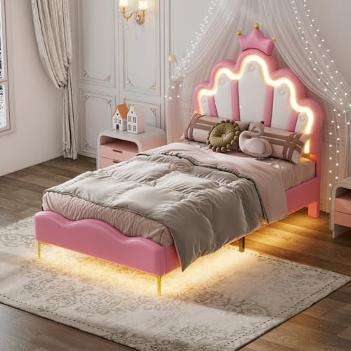 BSCFHCZ Lit pour enfant 90 x 200 cm, lit de princesse en forme de couronne, avec tête de lit florale et sommier à lattes, 90 x 200 cm, lit rembourré avec LED réglable, rembourrage doux en cuir PU