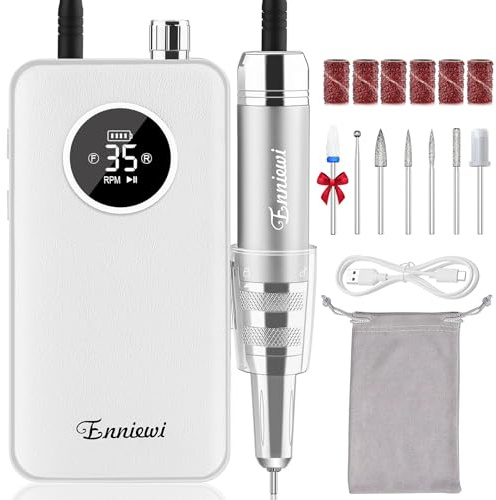 Enniewi Nail Drill 35000 RPM, Portable Electric Nail File for Acrylic and Gel Nails, Rechargeable Professional Nail Drill Machine, Cordless E File Manicure Pedicure Kit for Home Salon, White