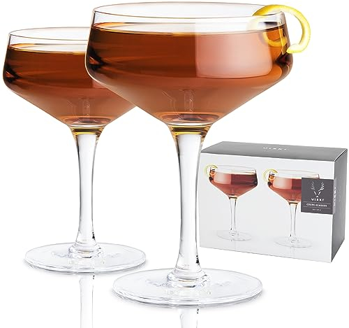 Viski 5399 Angled Crystal Coupe Glasses, Stainless Steel, 7 Ounces, Silver