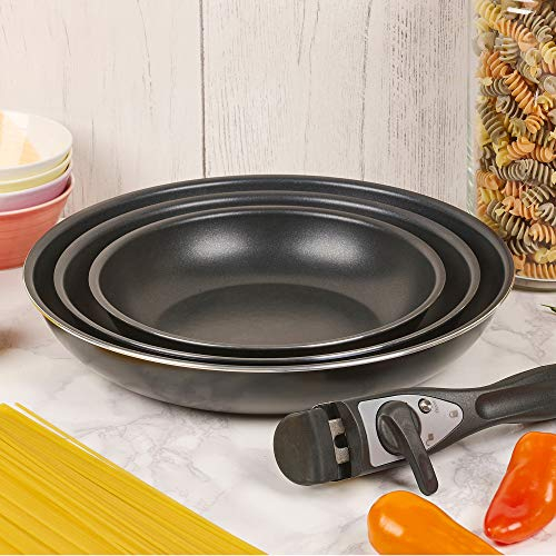 Black 4 Piece Frying Pan Cookware Set - Easily Stacks and Saves Space in Cabinet- Detachable Handles - Works on Induction - Pressed Aluminium with Non-Stick Coating
