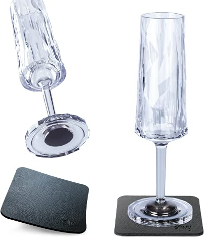 silwy® HIGH-TECH-Kunststoff-Magnet-Gläser inkl. Metall-Nano-Gel-Pads – rutschfeste Campinggläser, Boot- und Yachtzubehör (Sekt // 0,15 l // 2er Set)
