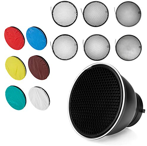 7 Zoll 18 cm Bowens Mount Standard Reflektor Diffusor mit Wabengitter Mit 6-Farben-Weichlichttuch für Bowens Mount lamp (Standard reflektierend + All Grid + 6 Farbe)