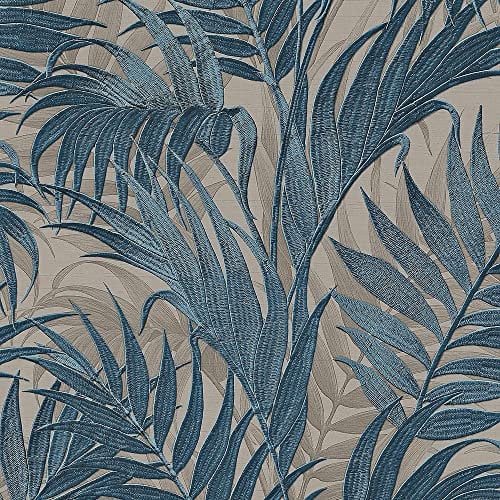 Design ID Wallpaper GR322108 Grace Tropical Palm Leaf Petrol Blue & Beige