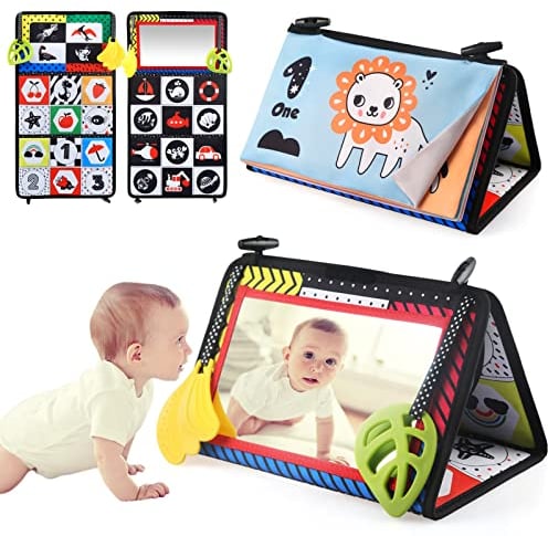 LEADSTAR Baby Spielzeug 0 6 Monate,Baby Stoffbücher mit Spiegel,Faltbarer Baby Spiegel mit Schwarz Weiß Kontrastmuster,Bücher Kinderwagen Spielzeug ab 0 3 6 12 Monate Geschenk für Jungen Mädchen