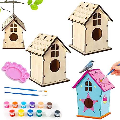 DIY Vogelhaus Bausatz für Kinder - 4 Stück zum Bemalen, Holz Puzzle Machen Set, Bauen und Malen, Kreative Bastelsets