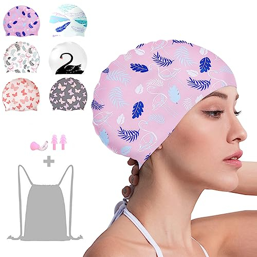 Crazy Bean Gorro de Natación Mujer Silicona Gorro Piscina con Tapones de Oídos y Pinza Nasal Elásticos y Cómodo para Largo Cabello Corto Gorro de Baño(Flamenco-Rosa)