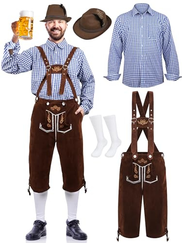 SOMSOC 4-teilig Herren deutsche bayerische Oktoberfest Kostüm Set 46-60 Trachten Herren Lederhose Outfit