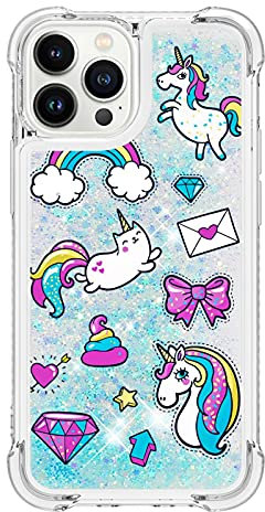 iPhone 11 Pro Max Case Glitter, 3D Quicksand Flowing Liquid Bling Sparkle Clear Transparent TPU Gel Silicone ShockProof Protective Phone Cover for iPhone 11 Pro Max Case Girls, Rainbow Unicorn