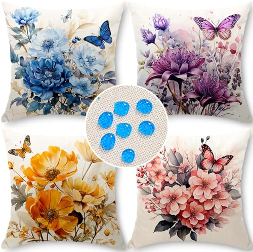 Cirzone Wasserdicht Kissenbezug 4er Set 45 x 45 cm Dekorative Outdoor Kissen Wasserfest Atmungsaktiv Schmetterlinge und Blumen Kissenbezug Gartendeko für Draußen Sofakissen Garten Outdoor…