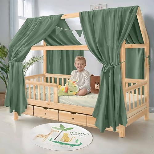iLuane Hausbett Himmel aus 100 % Baumwolle Musselin – Stoffhimmel Kinderbett Deko mit Schleifen – Betthimmel für Mädchen & Jungen – Vorhang für Hausbett – in 6 Farben & 4 Größen