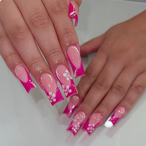 GlamRays Press on Nails Long Square Shiny Bright Pink French Acrylic Squoval Artificial Summer Flower Stick on False Nails with Design - Pack of 24