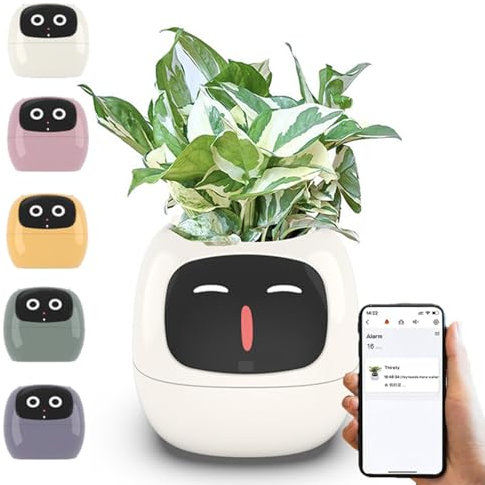 Pot De Fleurs Intelligent Ai (TéLéCommande App) + 3 Gestes Interactifs + DéTection D'Humidité/LumièRe, éCran Tactile (Heure/Date/MéTéO/Expression), Pour Salon,D