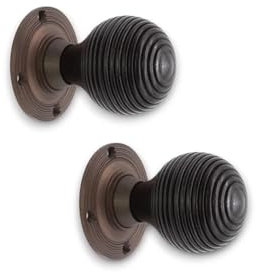 Pair of Antique Ebonised Wooden Beehive Door Knobs 55mm Rim Mortice Set for Interior and Exterior Doors