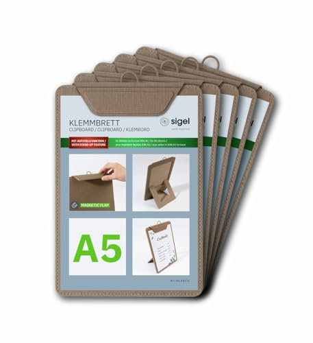 SIGEL KB121 Lot de 5 Porte-menus avec pince, pour tenir jusqu'à 20 feuilles A5 (80g/m²) | Planche avec pince, Planchette à pince, Porte-block | beige