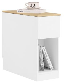 SoBuy Schmaler Beistelltisch - Nachttisch mit Stauraumregal und Schubladen, Platzsparender Nachttisch für kleine Räume, W25 x D65 x H60 cm, Weiß und Natur - FBT162-WN