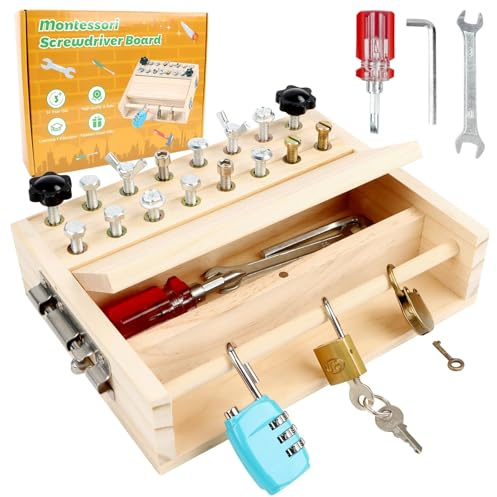 Montessori Jouet en bois à partir de 3, 4, 5 ans, jouet de motricité avec tournevis, tableau Busy Board avec clé et serrure, jouet éducatif, cadeau pour garçons et filles