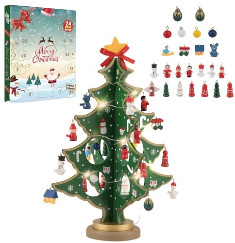 2025 Mini Wooden Christmas Advent Tree - Advent Calendar 2025, 24 Days Christmas Countdown Calendar with 24 Ornament Hooks, Wood Tree Table Decoration for Adults Boys Girls Gifts