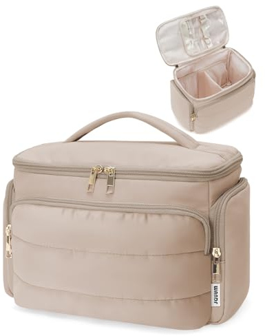 WANDF Beauty Case da Viaggio Donna, Grande Trousse Trucco a Larga Apertura con Maniglia, Organizer per Toiletries, Cosmetici, Accessori ed Essenziali da Viaggio, Cachi