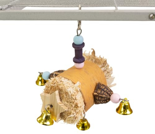 HappyBird | Raffia & Nut Roll - Natürliches Hängespielzeug aus Holz | 25 x 15 x 15 cm